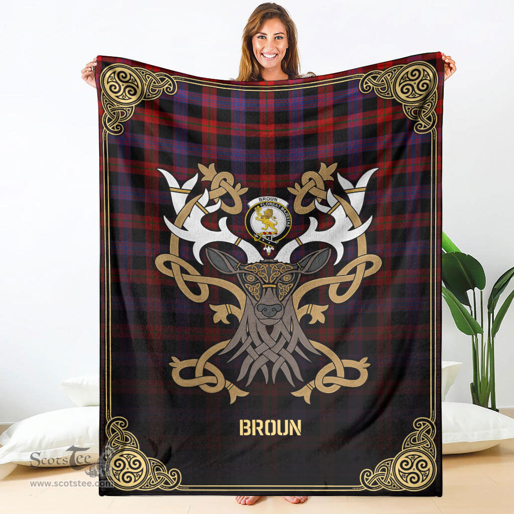 Scottish Broun Modern Tartan Crest With Celtic Stag Premium Blanket - Tartan Plaid Blankets Scottish Plaid Tartan Plaid - ScotsTee - scotstee.com