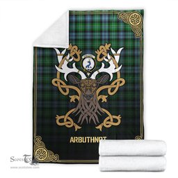 Scottish Arbuthnot Ancient Tartan Crest With Celtic Stag Premium Blanket - Tartan Plaid Blankets Scottish Plaid Tartan Plaid - ScotsTee - scotstee.com