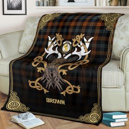 Scottish Brown Ancient Tartan Crest With Celtic Stag Premium Blanket - Tartan Plaid Blankets Scottish Plaid Tartan Plaid - ScotsTee - scotstee.com
