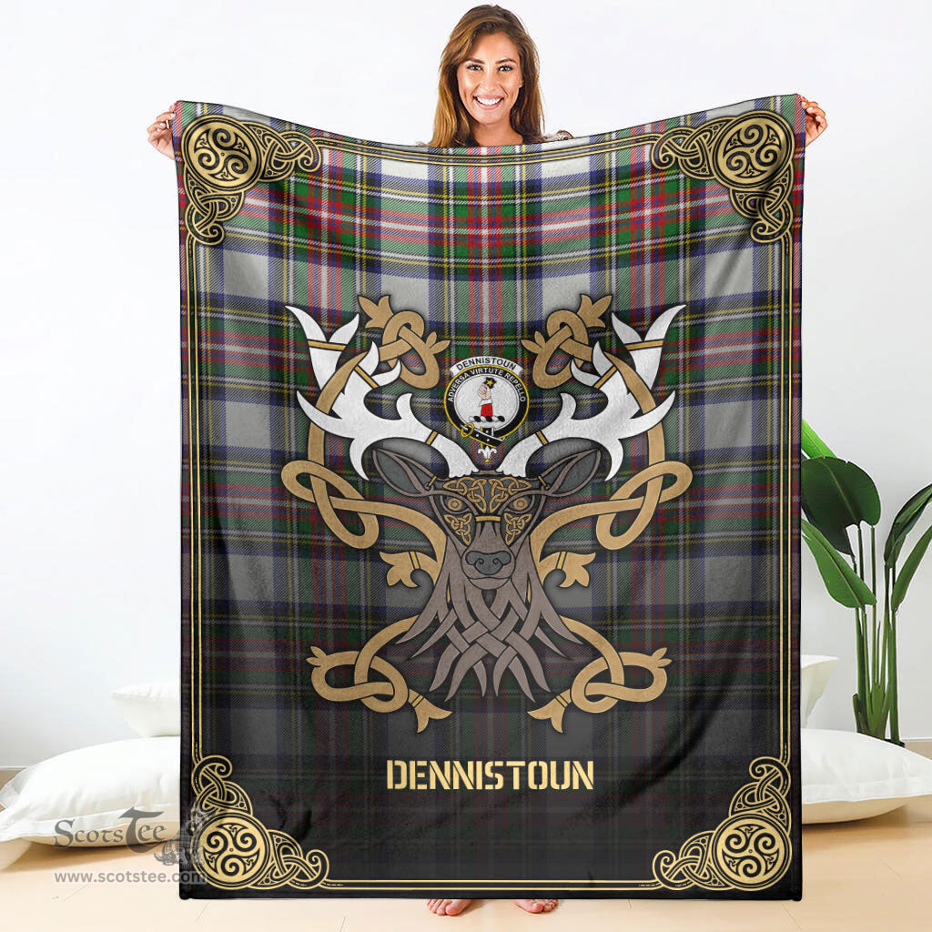 Scottish Dennistoun Tartan Crest With Celtic Stag Premium Blanket - Tartan Plaid Blankets Scottish Plaid Tartan Plaid - ScotsTee - scotstee.com