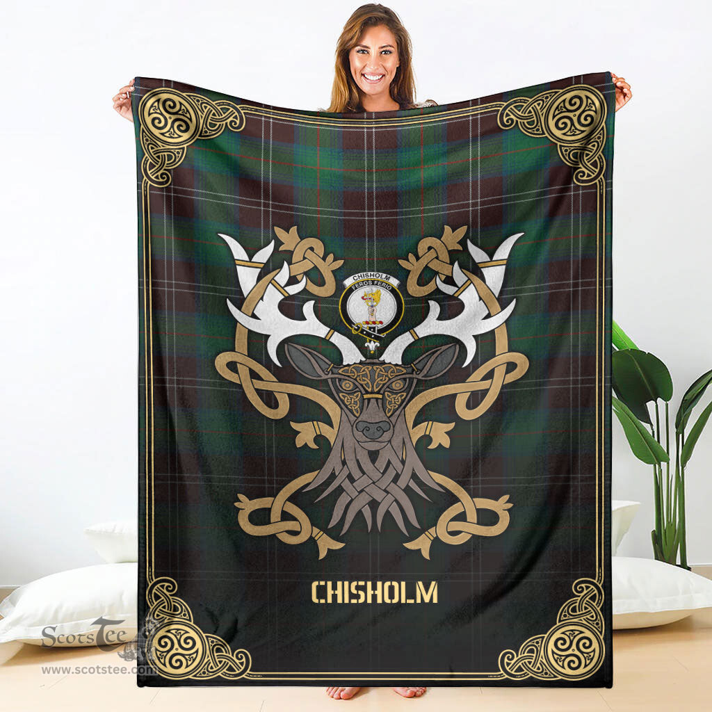 Scottish Chisholm Hunting Ancient Tartan Crest With Celtic Stag Premium Blanket - Tartan Plaid Blankets Scottish Plaid Tartan Plaid - ScotsTee - scotstee.com