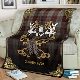 Scottish Cunningham Burgundy Dancers Tartan Crest With Celtic Stag Premium Blanket - Tartan Plaid Blankets Scottish Plaid Tartan Plaid - ScotsTee - scotstee.com