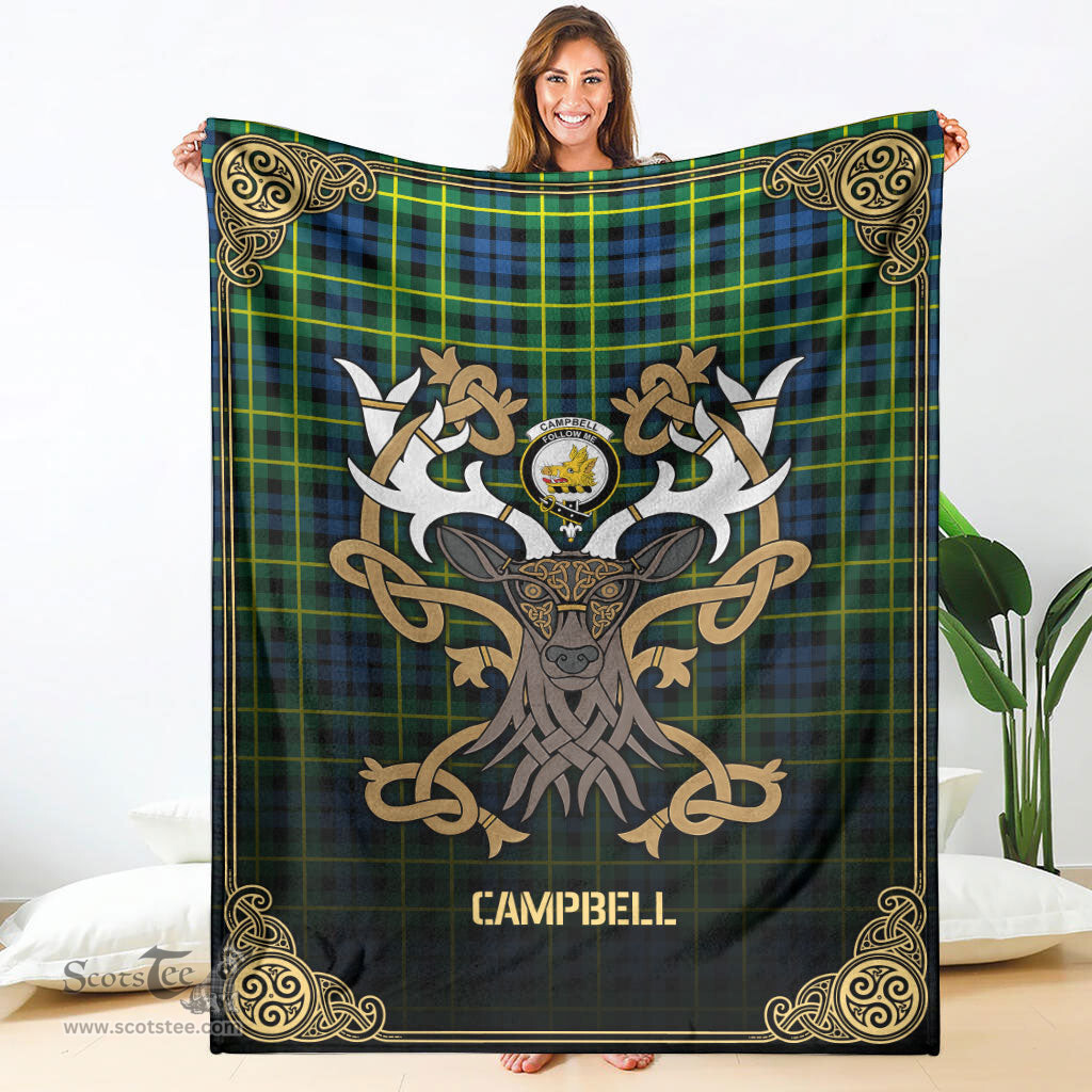 Scottish Campbell of Breadalbane Ancient Tartan Crest With Celtic Stag Premium Blanket - Tartan Plaid Blankets Scottish Plaid Tartan Plaid - ScotsTee - scotstee.com