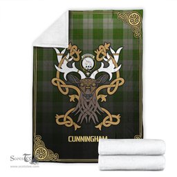 Scottish Cunningham Dress Green Dancers Tartan Crest With Celtic Stag Premium Blanket - Tartan Plaid Blankets Scottish Plaid Tartan Plaid - ScotsTee - scotstee.com