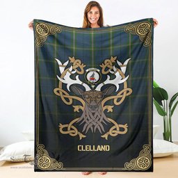 Scottish Clelland Tartan Crest With Celtic Stag Premium Blanket - Tartan Plaid Blankets Scottish Plaid Tartan Plaid - ScotsTee - scotstee.com