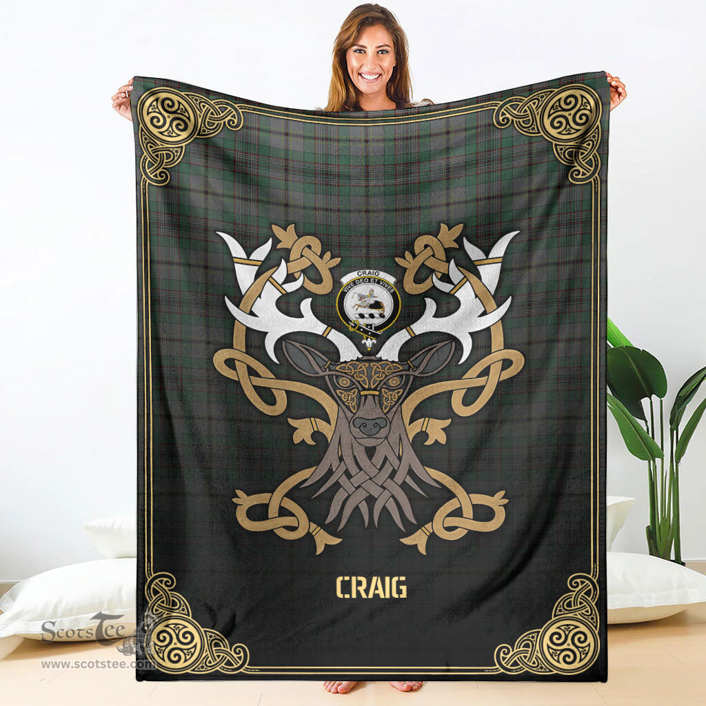 Scottish Craig Tartan Crest With Celtic Stag Premium Blanket - Tartan Plaid Blankets Scottish Plaid Tartan Plaid - ScotsTee - scotstee.com