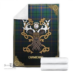 Scottish Carmichael Ancient Tartan Crest With Celtic Stag Premium Blanket - Tartan Plaid Blankets Scottish Plaid Tartan Plaid - ScotsTee - scotstee.com