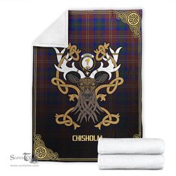 Scottish Chisholm Hunting Modern Tartan Crest With Celtic Stag Premium Blanket - Tartan Plaid Blankets Scottish Plaid Tartan Plaid - ScotsTee - scotstee.com