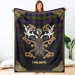 Scottish Chalmers Tartan Crest With Celtic Stag Premium Blanket - Tartan Plaid Blankets Scottish Plaid Tartan Plaid - ScotsTee - scotstee.com