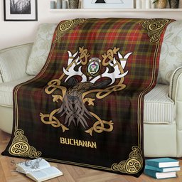 Scottish Buchanan Old Set Weathered Tartan Crest With Celtic Stag Premium Blanket - Tartan Plaid Blankets Scottish Plaid Tartan Plaid - ScotsTee - scotstee.com