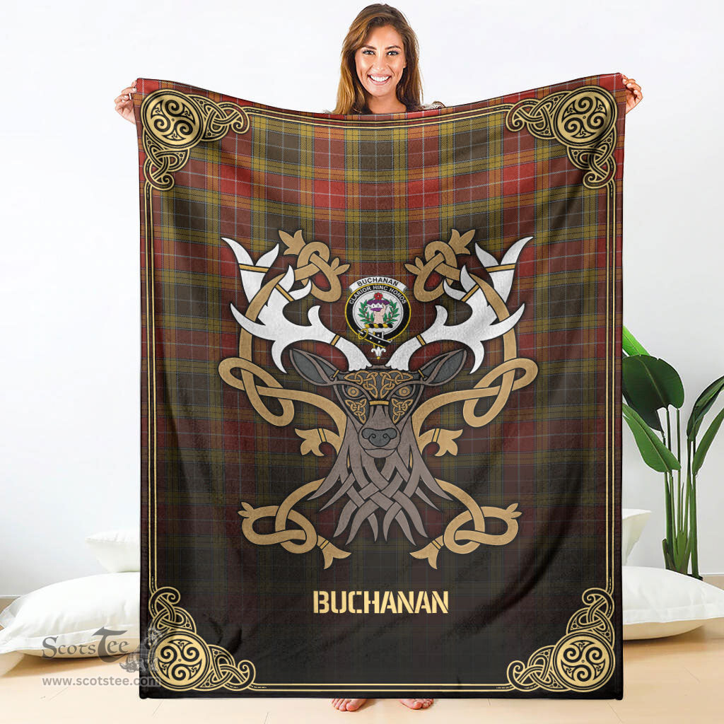 Scottish Buchanan Old Set Weathered Tartan Crest With Celtic Stag Premium Blanket - Tartan Plaid Blankets Scottish Plaid Tartan Plaid - ScotsTee - scotstee.com