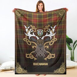 Scottish Buchanan Old Set Weathered Tartan Crest With Celtic Stag Premium Blanket - Tartan Plaid Blankets Scottish Plaid Tartan Plaid - ScotsTee - scotstee.com