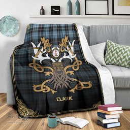 Scottish Clark Ancient Tartan Crest With Celtic Stag Premium Blanket - Tartan Plaid Blankets Scottish Plaid Tartan Plaid - ScotsTee - scotstee.com