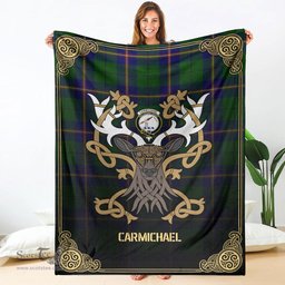 Scottish Carmichael Modern Tartan Crest With Celtic Stag Premium Blanket - Tartan Plaid Blankets Scottish Plaid Tartan Plaid - ScotsTee - scotstee.com