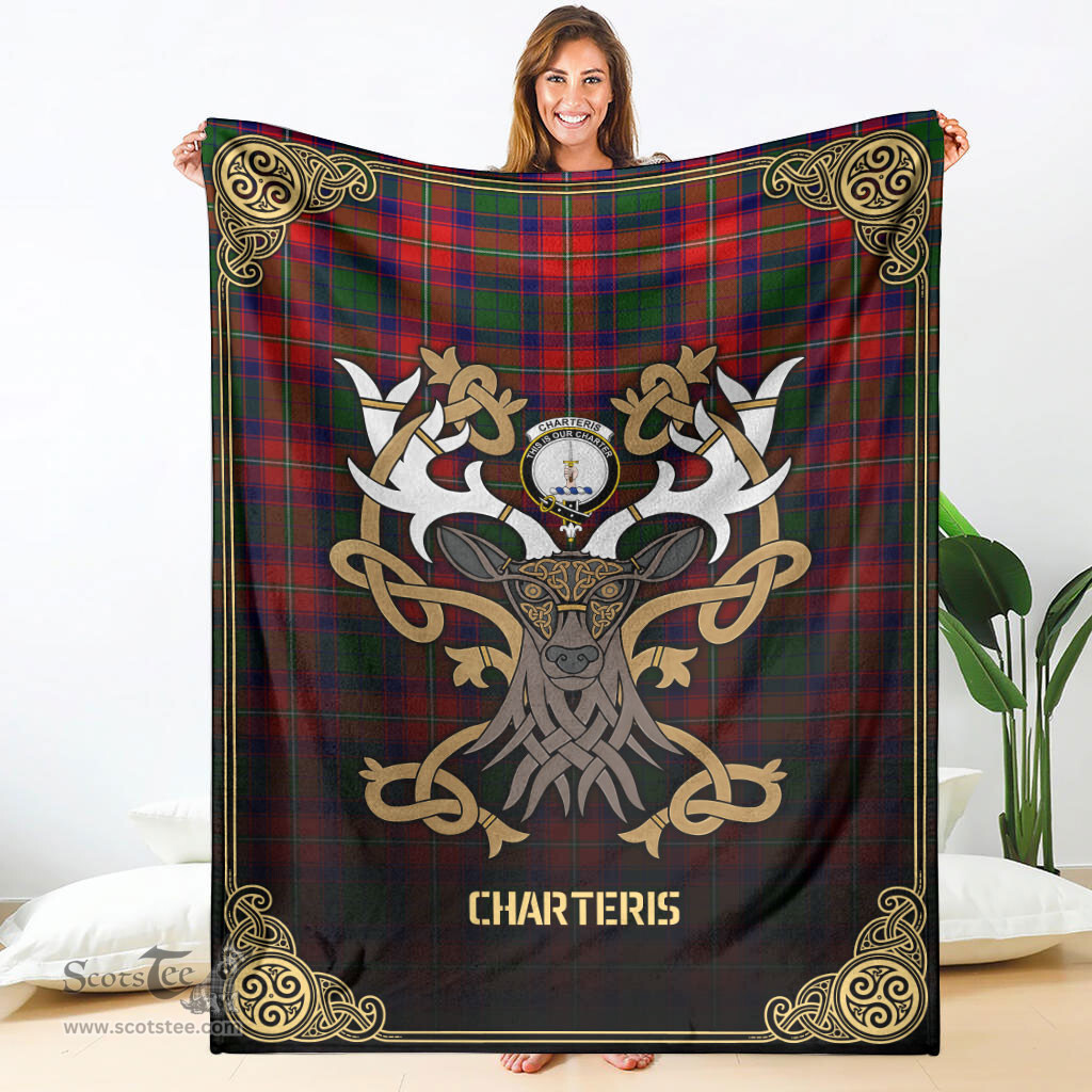 Scottish Charteris (Earl of Wemyss) Tartan Crest With Celtic Stag Premium Blanket - Tartan Plaid Blankets Scottish Plaid Tartan Plaid - ScotsTee - scotstee.com