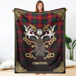 Scottish Charteris (Earl of Wemyss) Tartan Crest With Celtic Stag Premium Blanket - Tartan Plaid Blankets Scottish Plaid Tartan Plaid - ScotsTee - scotstee.com