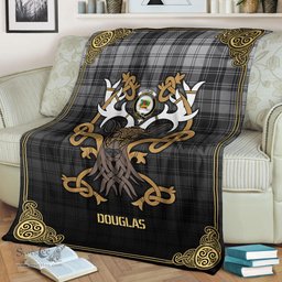 Scottish Douglas Grey Modern Tartan Crest With Celtic Stag Premium Blanket - Tartan Plaid Blankets Scottish Plaid Tartan Plaid - ScotsTee - scotstee.com