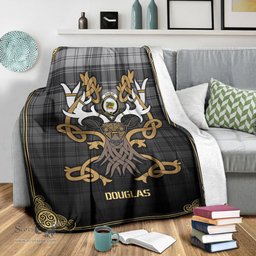 Scottish Douglas Grey Modern Tartan Crest With Celtic Stag Premium Blanket - Tartan Plaid Blankets Scottish Plaid Tartan Plaid - ScotsTee - scotstee.com