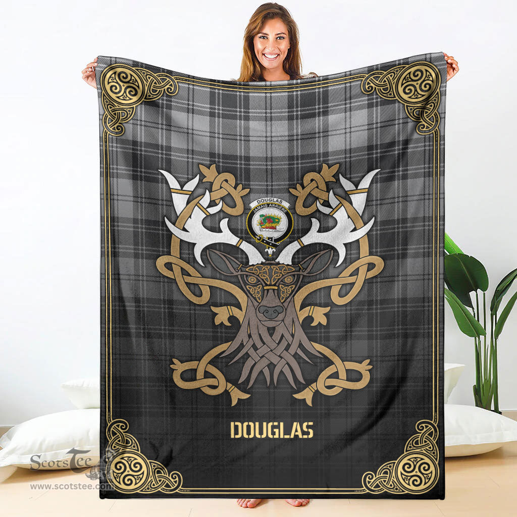 Scottish Douglas Grey Modern Tartan Crest With Celtic Stag Premium Blanket - Tartan Plaid Blankets Scottish Plaid Tartan Plaid - ScotsTee - scotstee.com