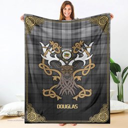 Scottish Douglas Grey Modern Tartan Crest With Celtic Stag Premium Blanket - Tartan Plaid Blankets Scottish Plaid Tartan Plaid - ScotsTee - scotstee.com