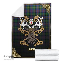 Scottish Logan Ancient Tartan Crest With Celtic Stag Premium Blanket - Tartan Plaid Blankets Scottish Plaid Tartan Plaid - ScotsTee - scotstee.com