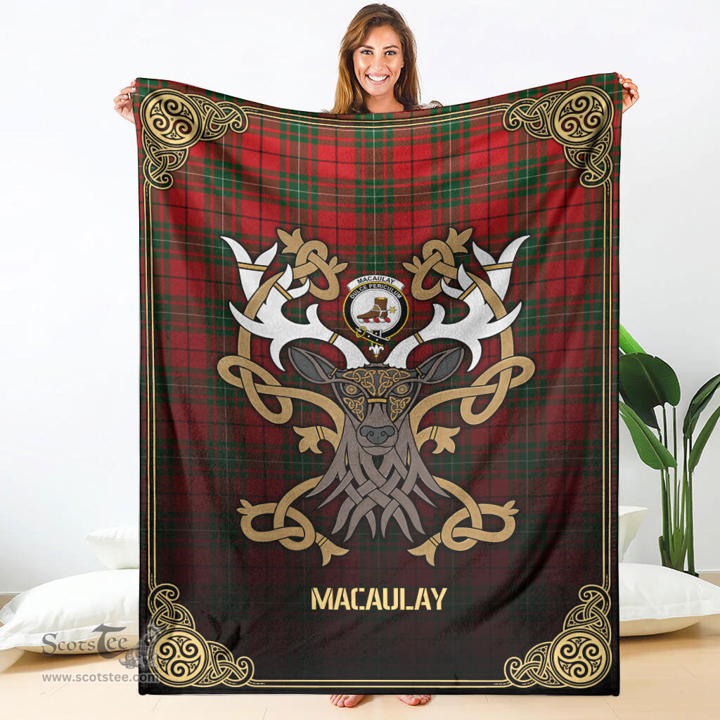 Scottish MacAulay Modern Tartan Crest With Celtic Stag Premium Blanket - Tartan Plaid Blankets Scottish Plaid Tartan Plaid - ScotsTee - scotstee.com