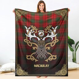 Scottish MacAulay Modern Tartan Crest With Celtic Stag Premium Blanket - Tartan Plaid Blankets Scottish Plaid Tartan Plaid - ScotsTee - scotstee.com