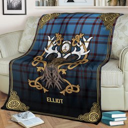 Scottish Elliot Ancient Tartan Crest With Celtic Stag Premium Blanket - Tartan Plaid Blankets Scottish Plaid Tartan Plaid - ScotsTee - scotstee.com