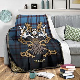 Scottish Elliot Ancient Tartan Crest With Celtic Stag Premium Blanket - Tartan Plaid Blankets Scottish Plaid Tartan Plaid - ScotsTee - scotstee.com