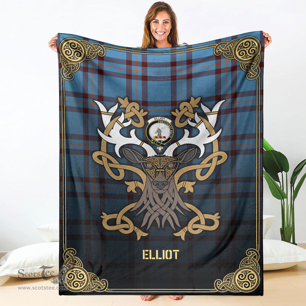Scottish Elliot Ancient Tartan Crest With Celtic Stag Premium Blanket - Tartan Plaid Blankets Scottish Plaid Tartan Plaid - ScotsTee - scotstee.com