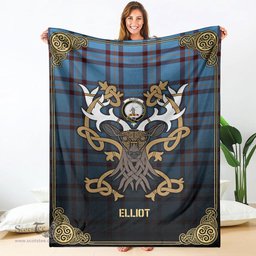 Scottish Elliot Ancient Tartan Crest With Celtic Stag Premium Blanket - Tartan Plaid Blankets Scottish Plaid Tartan Plaid - ScotsTee - scotstee.com