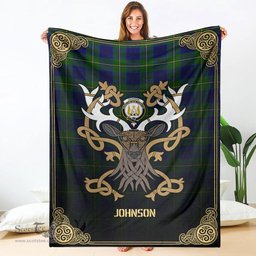 Scottish Johnson Modern Tartan Crest With Celtic Stag Premium Blanket - Tartan Plaid Blankets Scottish Plaid Tartan Plaid - ScotsTee - scotstee.com