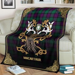 Scottish MacArthur – Milton Tartan Crest With Celtic Stag Premium Blanket - Tartan Plaid Blankets Scottish Plaid Tartan Plaid - ScotsTee - scotstee.com