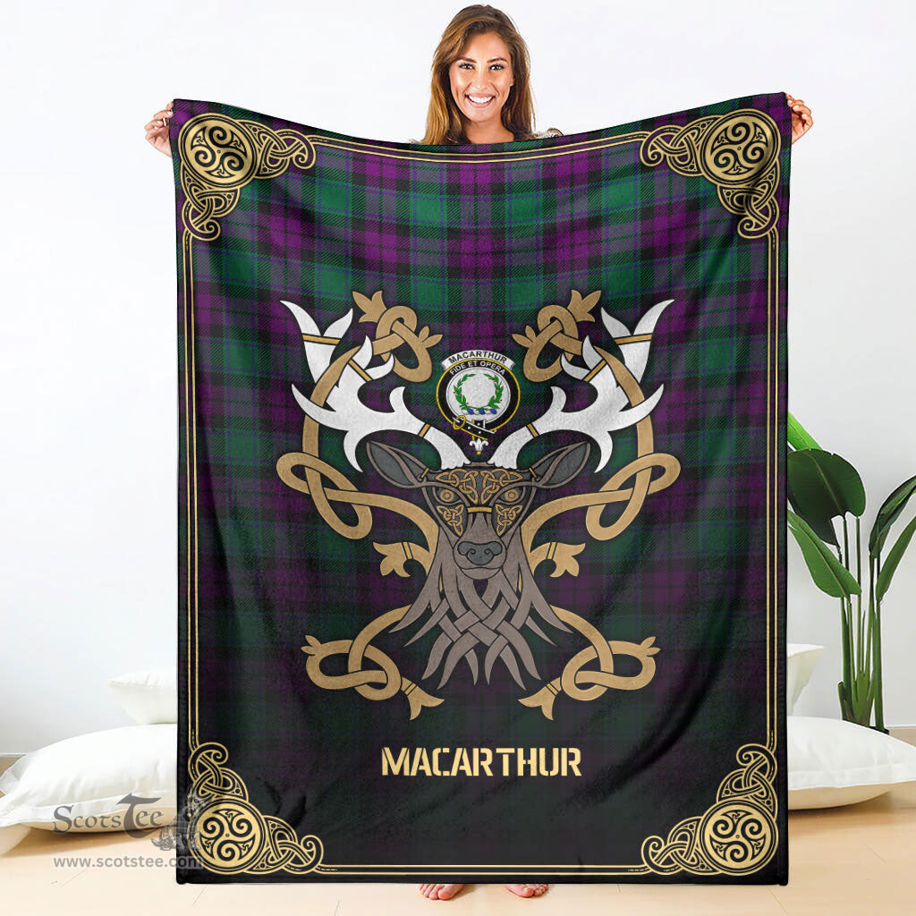 Scottish MacArthur – Milton Tartan Crest With Celtic Stag Premium Blanket - Tartan Plaid Blankets Scottish Plaid Tartan Plaid - ScotsTee - scotstee.com