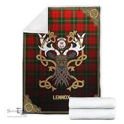 Scottish Lennox (Lennox Kincaid) Tartan Crest With Celtic Stag Premium Blanket - Tartan Plaid Blankets Scottish Plaid Tartan Plaid - ScotsTee - scotstee.com