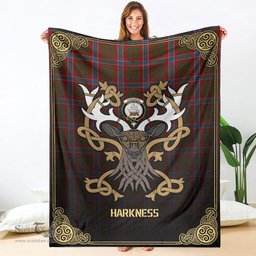 Scottish Harkness Dress Tartan Crest With Celtic Stag Premium Blanket - Tartan Plaid Blankets Scottish Plaid Tartan Plaid - ScotsTee - scotstee.com