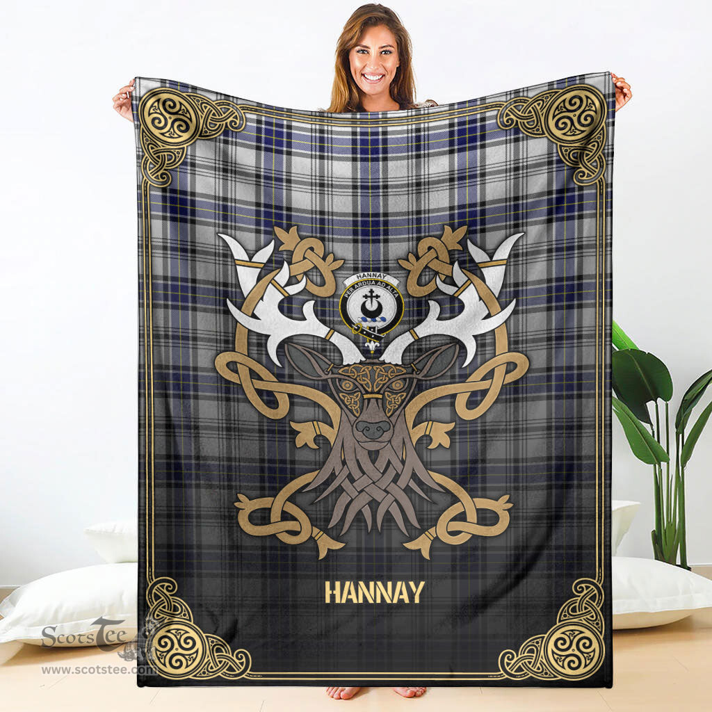 Scottish Hannay Modern Tartan Crest With Celtic Stag Premium Blanket - Tartan Plaid Blankets Scottish Plaid Tartan Plaid - ScotsTee - scotstee.com