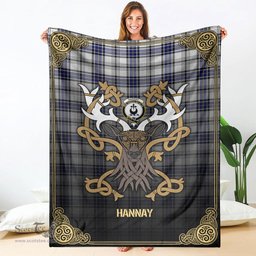 Scottish Hannay Modern Tartan Crest With Celtic Stag Premium Blanket - Tartan Plaid Blankets Scottish Plaid Tartan Plaid - ScotsTee - scotstee.com