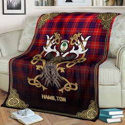 Scottish Hamilton Modern Tartan Crest With Celtic Stag Premium Blanket - Tartan Plaid Blankets Scottish Plaid Tartan Plaid - ScotsTee - scotstee.com