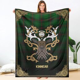 Scottish Kinnear Tartan Crest With Celtic Stag Premium Blanket - Tartan Plaid Blankets Scottish Plaid Tartan Plaid - ScotsTee - scotstee.com