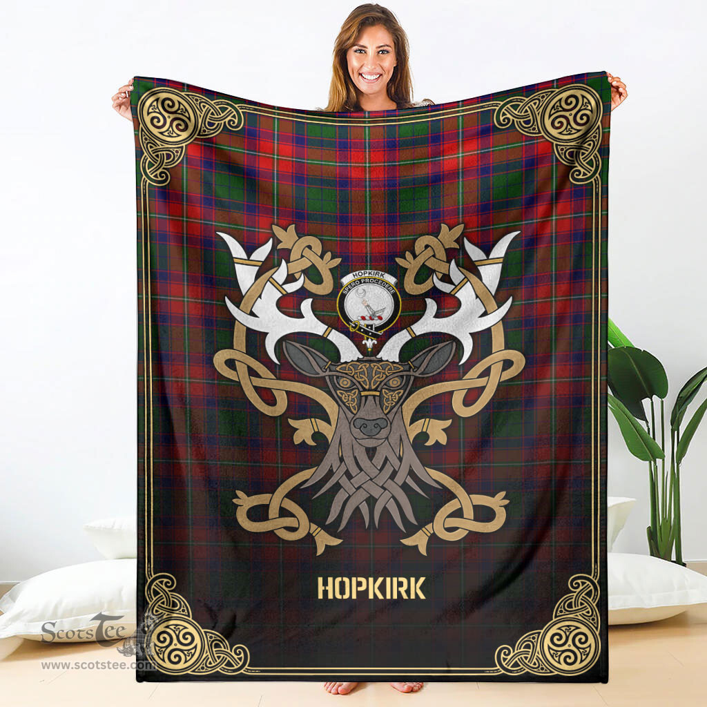 Scottish Hopkirk Tartan Crest With Celtic Stag Premium Blanket - Tartan Plaid Blankets Scottish Plaid Tartan Plaid - ScotsTee - scotstee.com