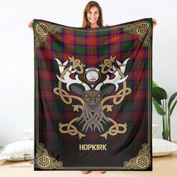 Scottish Hopkirk Tartan Crest With Celtic Stag Premium Blanket - Tartan Plaid Blankets Scottish Plaid Tartan Plaid - ScotsTee - scotstee.com