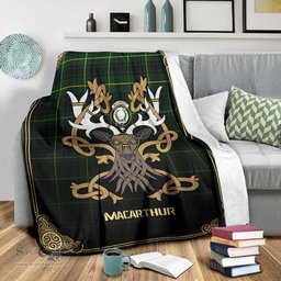 Scottish MacArthur Modern Tartan Crest With Celtic Stag Premium Blanket - Tartan Plaid Blankets Scottish Plaid Tartan Plaid - ScotsTee - scotstee.com