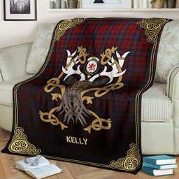 Scottish Kelly of Sleat Red Tartan Crest With Celtic Stag Premium Blanket - Tartan Plaid Blankets Scottish Plaid Tartan Plaid - ScotsTee - scotstee.com