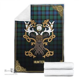 Scottish Hunter Ancient Tartan Crest With Celtic Stag Premium Blanket - Tartan Plaid Blankets Scottish Plaid Tartan Plaid - ScotsTee - scotstee.com