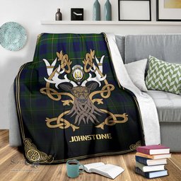 Scottish Johnstone Modern Tartan Crest With Celtic Stag Premium Blanket - Tartan Plaid Blankets Scottish Plaid Tartan Plaid - ScotsTee - scotstee.com