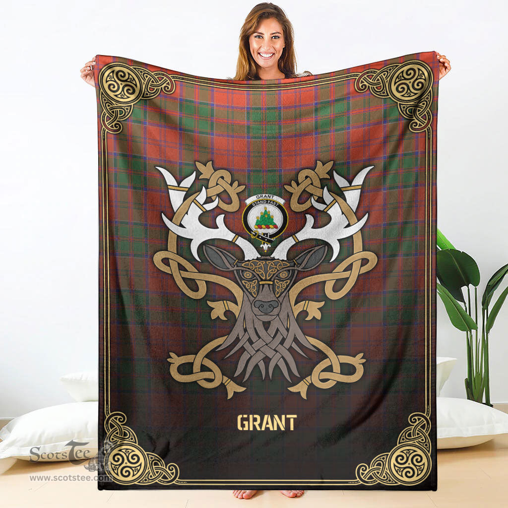 Scottish Grant Ancient Tartan Crest With Celtic Stag Premium Blanket - Tartan Plaid Blankets Scottish Plaid Tartan Plaid - ScotsTee - scotstee.com