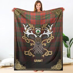 Scottish Grant Ancient Tartan Crest With Celtic Stag Premium Blanket - Tartan Plaid Blankets Scottish Plaid Tartan Plaid - ScotsTee - scotstee.com