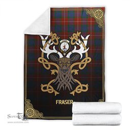 Scottish Fraser (of Lovat) Ancient Tartan Crest With Celtic Stag Premium Blanket - Tartan Plaid Blankets Scottish Plaid Tartan Plaid - ScotsTee - scotstee.com