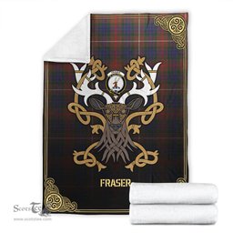 Scottish Fraser (of Lovat) Hunting Modern Tartan Crest With Celtic Stag Premium Blanket - Tartan Plaid Blankets Scottish Plaid Tartan Plaid - ScotsTee - scotstee.com